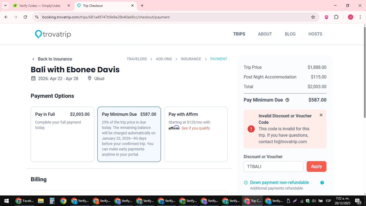 TrovaTrip discount code screenshot showing code TTBALI applied at TrovaTrip checkout page. Uploaded by SimplyCodes community member JackWilson63 on Dec 28, 2025