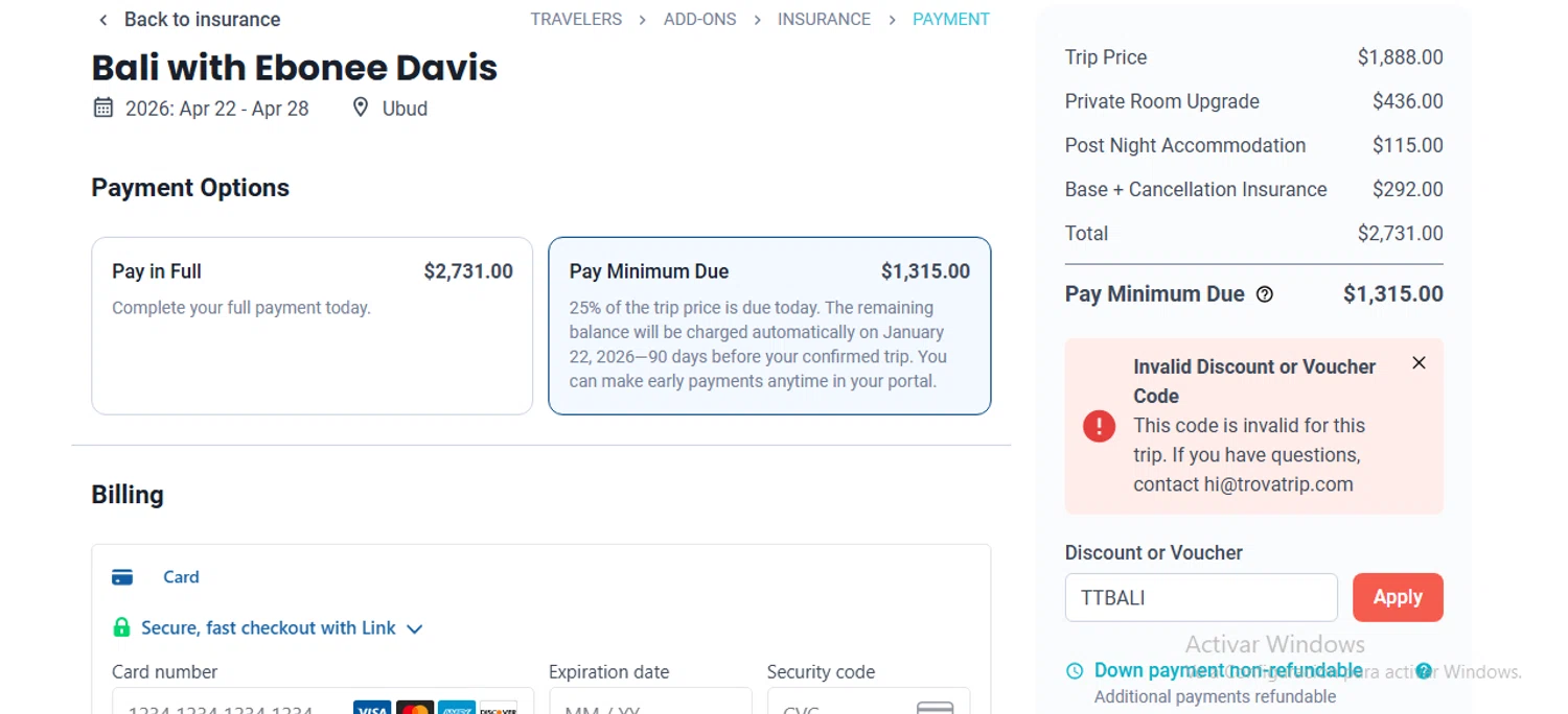 TrovaTrip discount code screenshot showing code TTBALI applied at TrovaTrip checkout page. Uploaded by SimplyCodes community member WiseLynx1786 on Dec 28, 2025