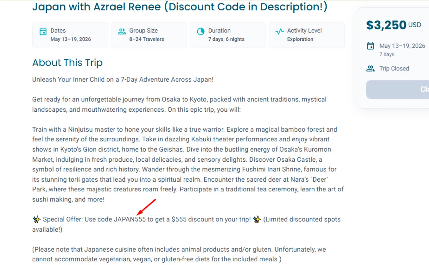 TrovaTrip discount code screenshot showing code JAPAN555 applied at TrovaTrip checkout page. Uploaded by SimplyCodes community member carlosrivero on Oct 29, 2025