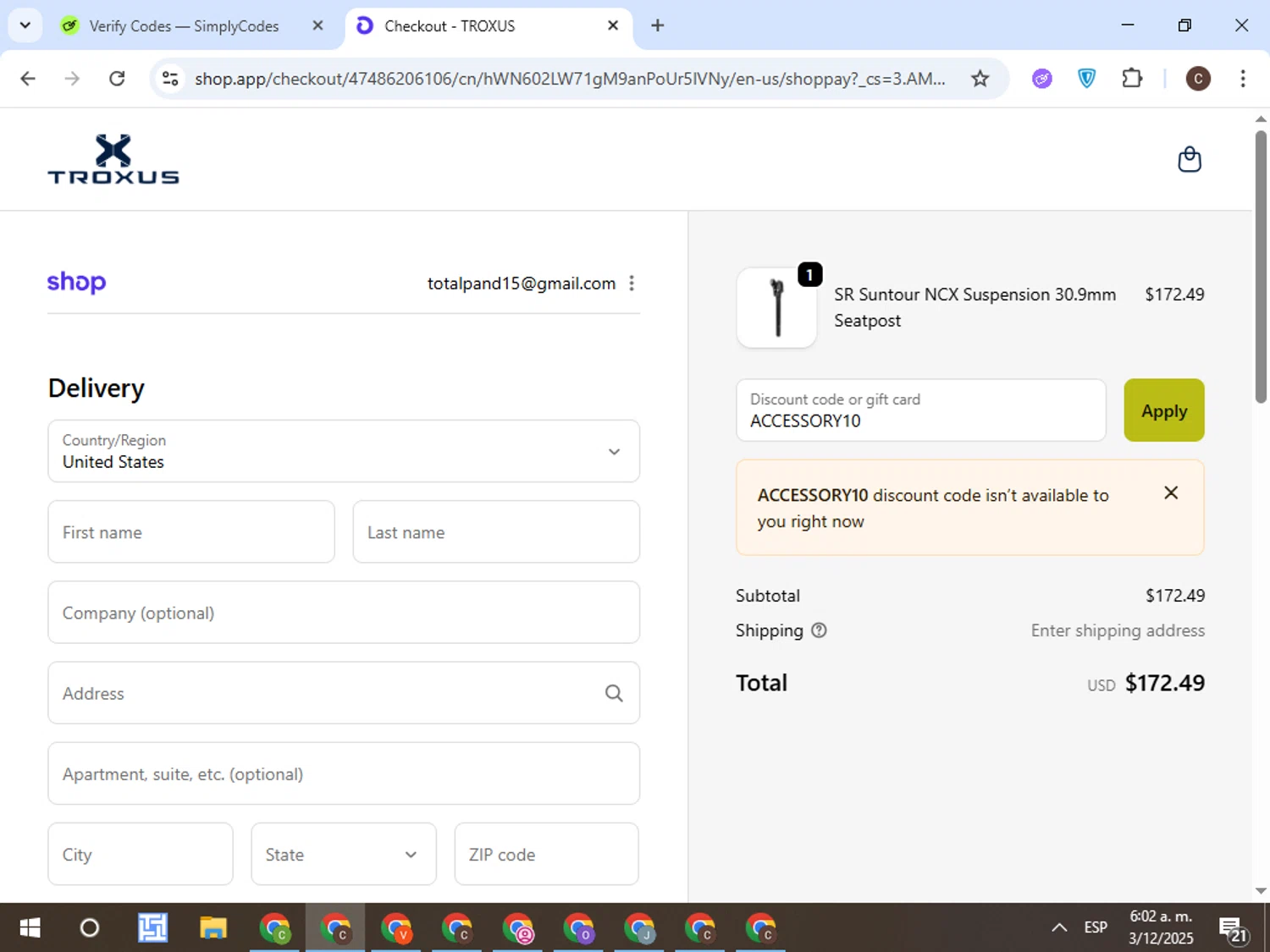 TROXUS discount code screenshot showing code ACCESSORY10 applied at TROXUS checkout page. Uploaded by SimplyCodes community member TreasureFox8596 on Dec 3, 2025