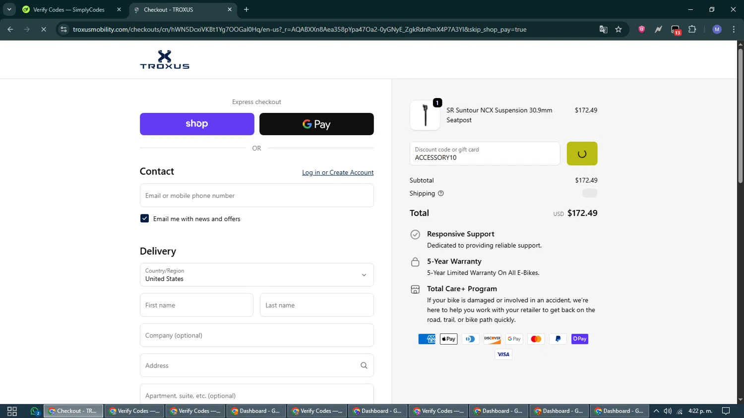 TROXUS discount code screenshot showing code ACCESSORY10 applied at TROXUS checkout page. Uploaded by SimplyCodes community member VoucherCurator824 on Nov 12, 2025