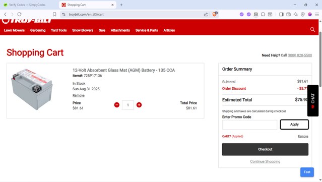 Troy-Bilt checkout page showing Troy-Bilt promo code box | Screenshot taken by SimplyCodes community member on Aug 31, 2025