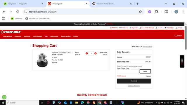 Troy-Bilt checkout page showing Troy-Bilt promo code box | Screenshot taken by SimplyCodes community member on Aug 20, 2025