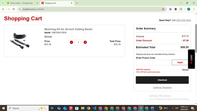Troy-Bilt checkout page showing Troy-Bilt promo code box | Screenshot taken by SimplyCodes community member on Aug 20, 2025