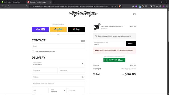 Troy Lee Designs checkout page showing Troy Lee Designs discount code box | Screenshot taken by SimplyCodes community member on Aug 26, 2025
