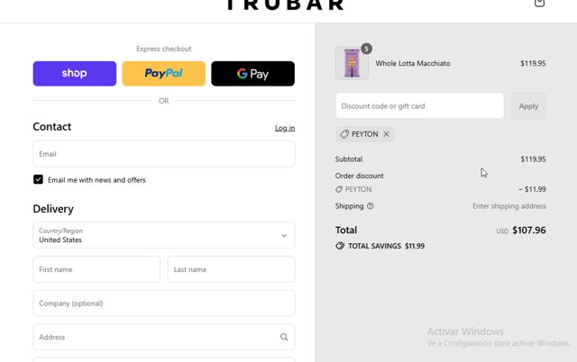 TRUBAR checkout page showing TRUBAR discount code box | Screenshot taken by SimplyCodes community member on Sep 1, 2025