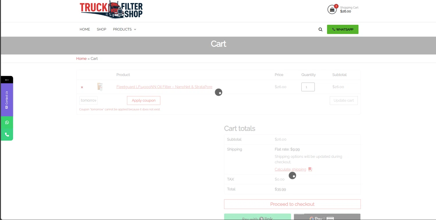 Truck Filter Shop promo code screenshot showing code tomorrow applied at Truck Filter Shop checkout page. Uploaded by SimplyCodes community member brrrrr on Oct 17, 2025