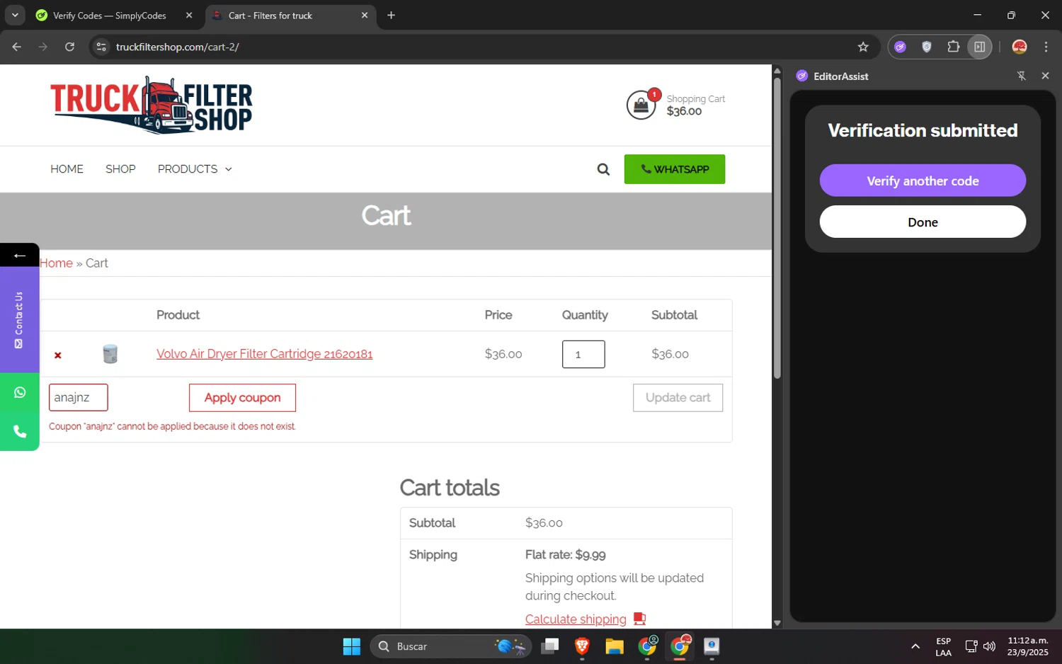Truck Filter Shop promo code screenshot showing code anajnz applied at Truck Filter Shop checkout page. Uploaded by SimplyCodes community member GloriousWizard5474 on Sep 23, 2025