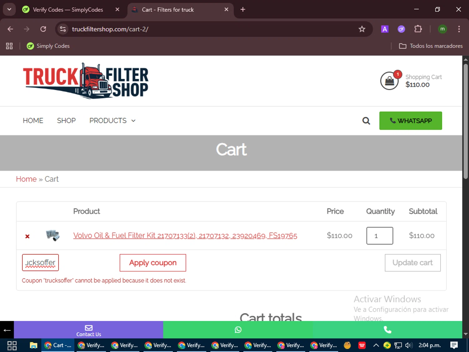 Truck Filter Shop promo code screenshot showing code trucksoffer applied at Truck Filter Shop checkout page. Uploaded by SimplyCodes community member VoucherCollector9196 on Sep 23, 2025