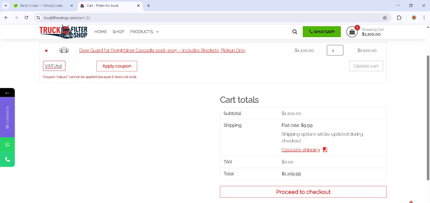 Truck Filter Shop promo code screenshot showing code VATU10 applied at Truck Filter Shop checkout page. Uploaded by SimplyCodes community member Estefani4 on Sep 29, 2025