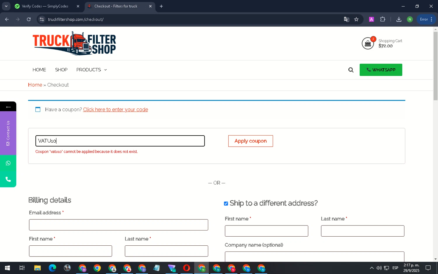 Truck Filter Shop promo code screenshot showing code VATU10 applied at Truck Filter Shop checkout page. Uploaded by SimplyCodes community member LuckyKnight4806 on Sep 29, 2025
