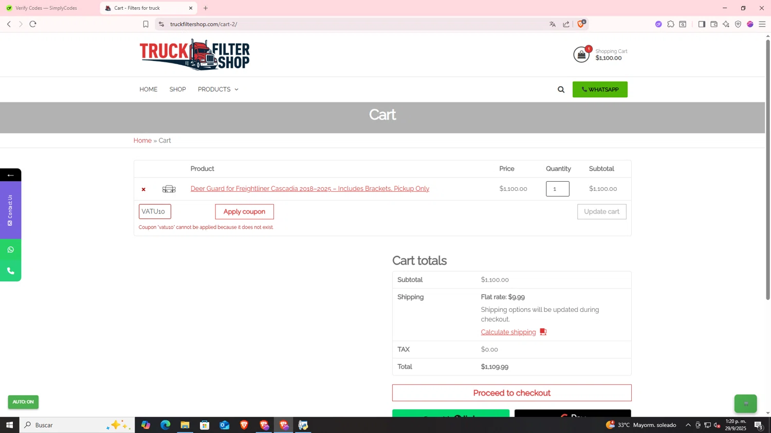 Truck Filter Shop promo code screenshot showing code VATU10 applied at Truck Filter Shop checkout page. Uploaded by SimplyCodes community member CODMOBILE2 on Sep 29, 2025