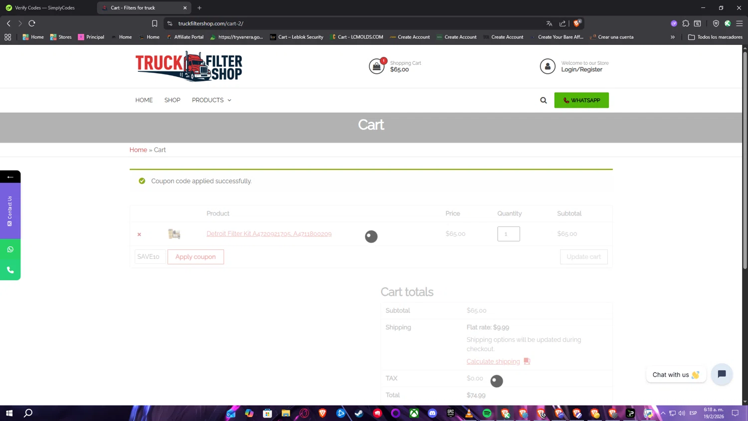 Truck Filter Shop promo code screenshot showing code SAVE10 applied at Truck Filter Shop checkout page. Uploaded by SimplyCodes community member SimplyNerd on Feb 19, 2026