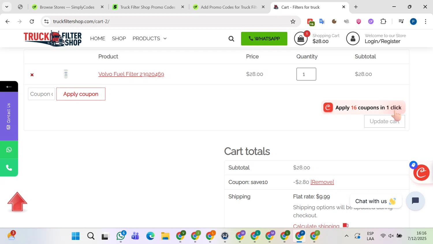 Truck Filter Shop promo code screenshot showing code SAVE10 applied at Truck Filter Shop checkout page. Uploaded by SimplyCodes community member SilverCollector8265 on Dec 7, 2025