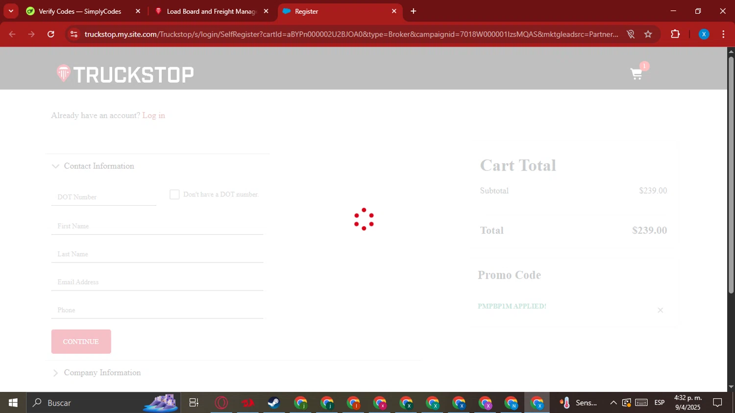 TRUCKSTOP promo code screenshot showing code PMPBP1M applied at TRUCKSTOP checkout page. Uploaded by SimplyCodes community member ValueHawk9995 on Apr 9, 2025