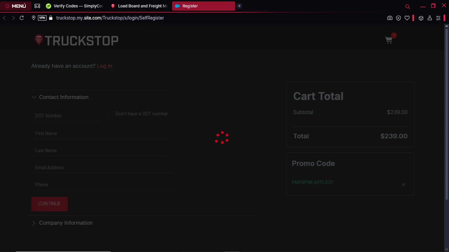 TRUCKSTOP promo code screenshot showing code PMPBP1M applied at TRUCKSTOP checkout page. Uploaded by SimplyCodes community member GoldPro6514 on Mar 9, 2025