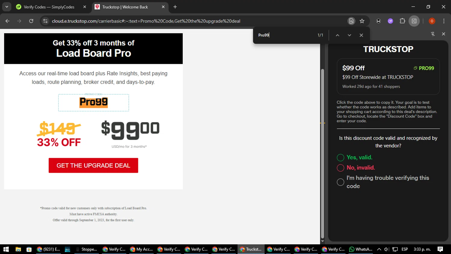 TRUCKSTOP promo code screenshot showing code Pro99 applied at TRUCKSTOP checkout page. Uploaded by SimplyCodes community member CleverSpotter3730 on Aug 7, 2025