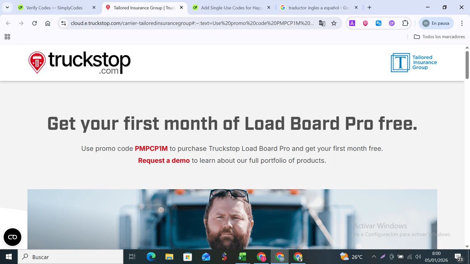 TRUCKSTOP promo code screenshot showing code PMPCP1M applied at TRUCKSTOP checkout page. Uploaded by SimplyCodes community member MANUELURBINA on Jan 5, 2026