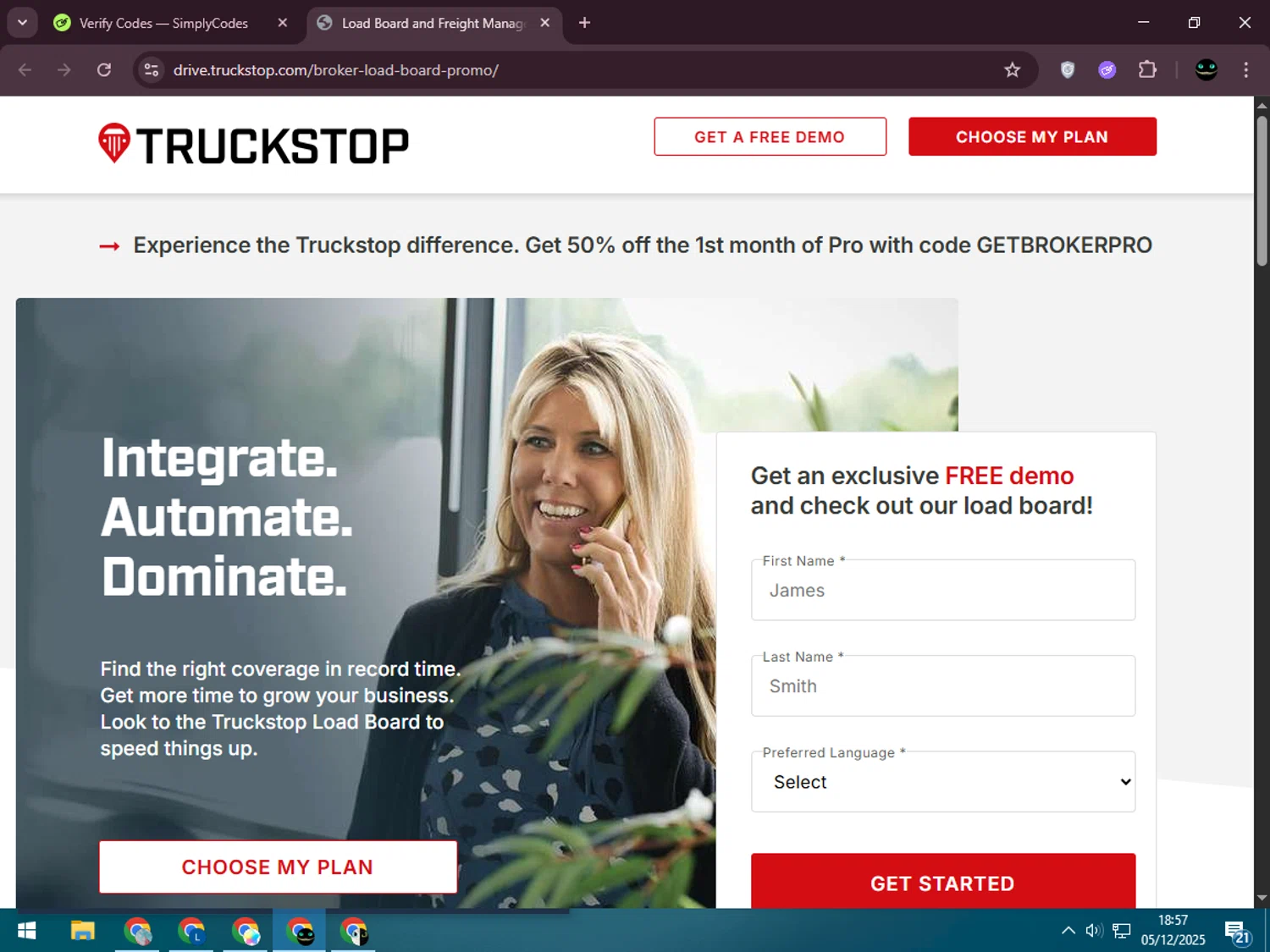 TRUCKSTOP promo code screenshot showing code GETBROKERPRO applied at TRUCKSTOP checkout page. Uploaded by SimplyCodes community member BargainWizard5755 on Dec 5, 2025