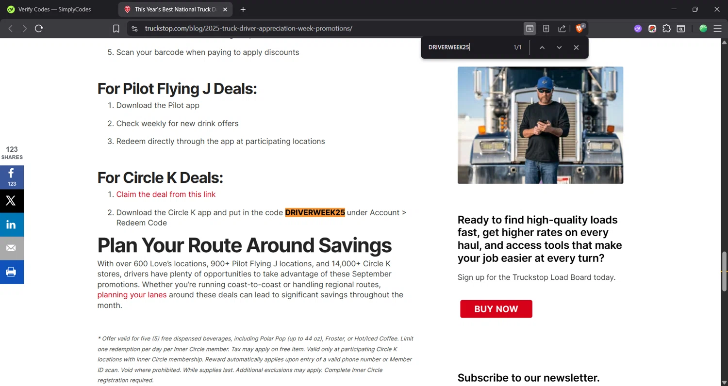 TRUCKSTOP promo code screenshot showing code DRIVERWEEK25 applied at TRUCKSTOP checkout page. Uploaded by SimplyCodes community member Focus_123 on Dec 1, 2025