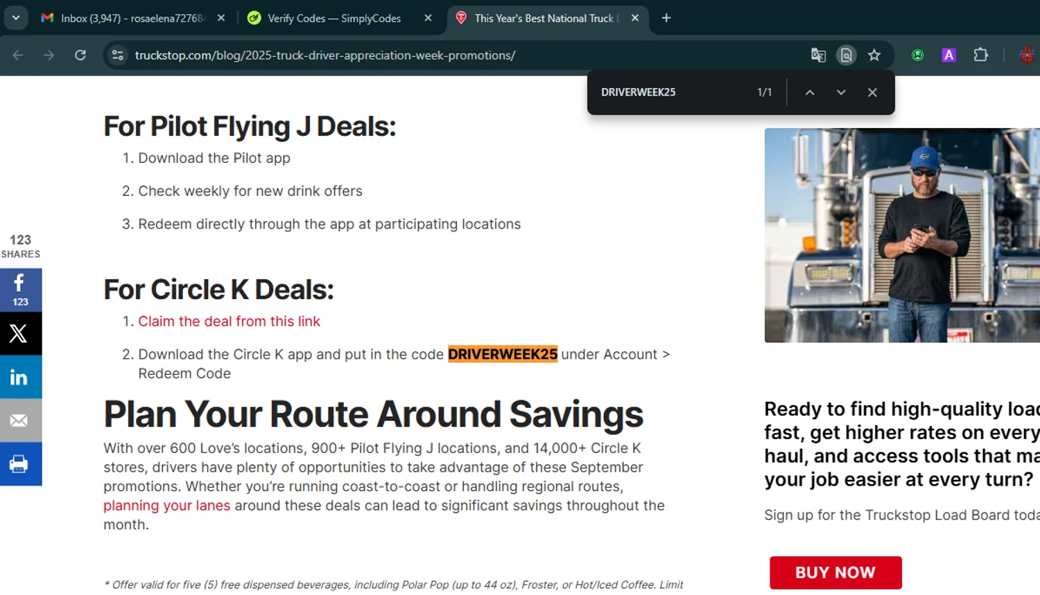 TRUCKSTOP promo code screenshot showing code DRIVERWEEK25 applied at TRUCKSTOP checkout page. Uploaded by SimplyCodes community member VoucherHero6322 on Dec 30, 2025