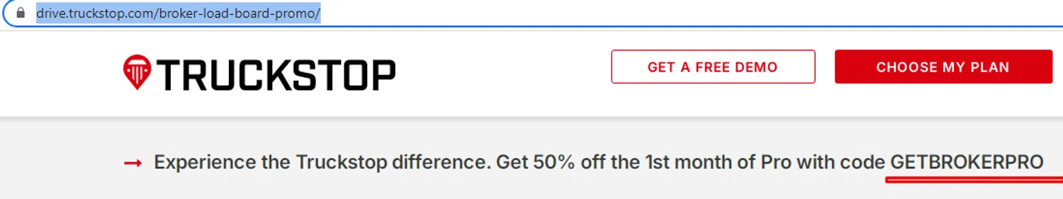 TRUCKSTOP promo code screenshot showing code GETBROKERPRO applied at TRUCKSTOP checkout page. Uploaded by SimplyCodes community member RonaldAcunaJr on Dec 5, 2025