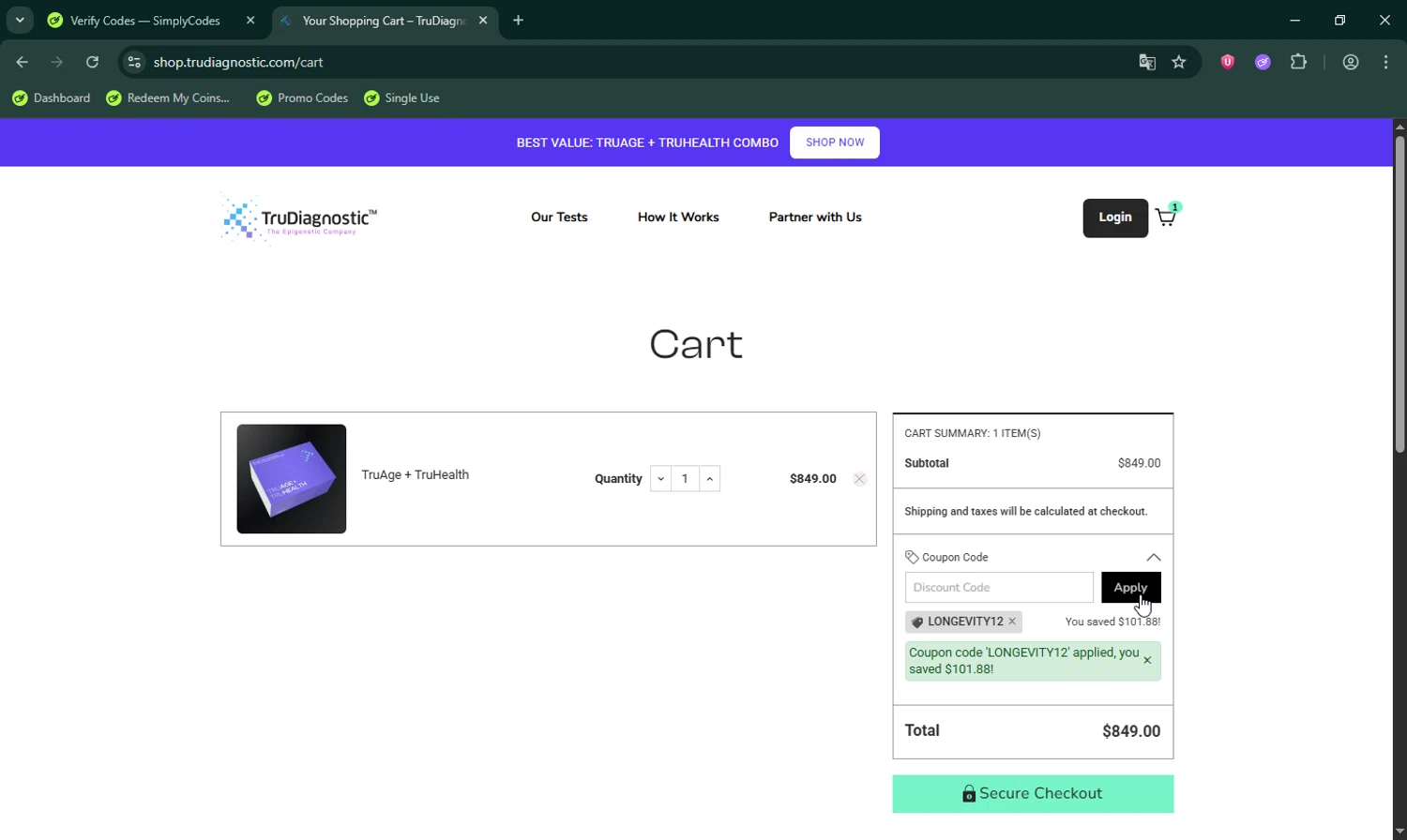 TruDiagnostic discount code screenshot showing code LONGEVITY12 applied at TruDiagnostic checkout page. Uploaded by SimplyCodes community member LHaunter on Sep 24, 2025