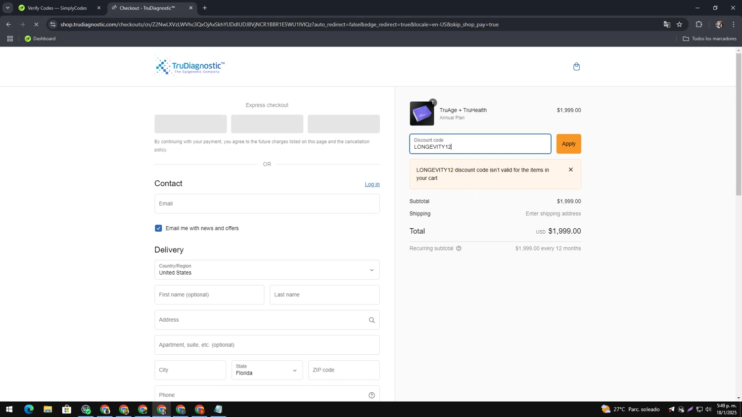 TruDiagnostic discount code screenshot showing code LONGEVITY12 applied at TruDiagnostic checkout page. Uploaded by SimplyCodes community member MagnificentAce6663 on Jan 18, 2025