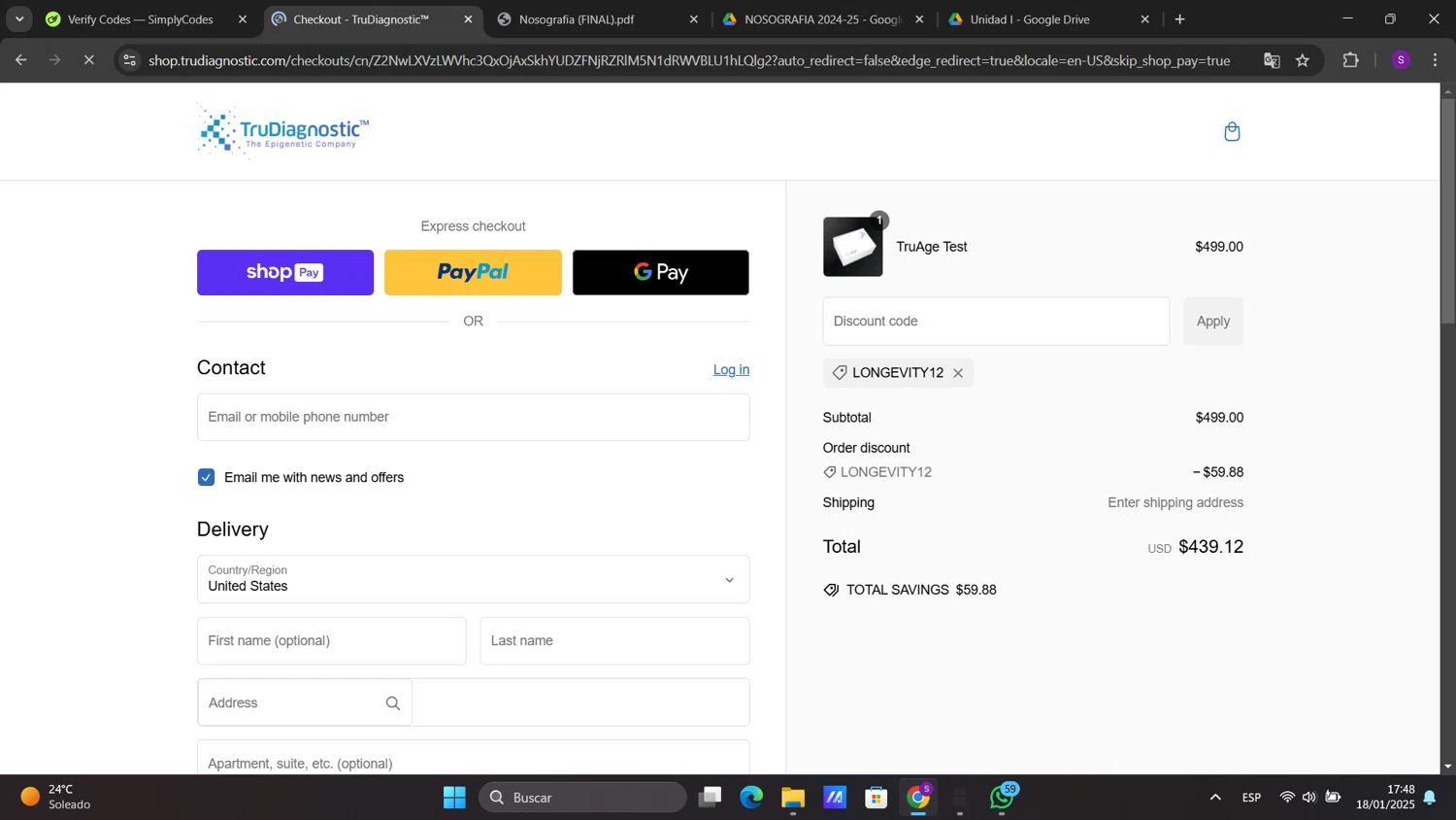 TruDiagnostic discount code screenshot showing code LONGEVITY12 applied at TruDiagnostic checkout page. Uploaded by SimplyCodes community member sorialbam on Jan 18, 2025