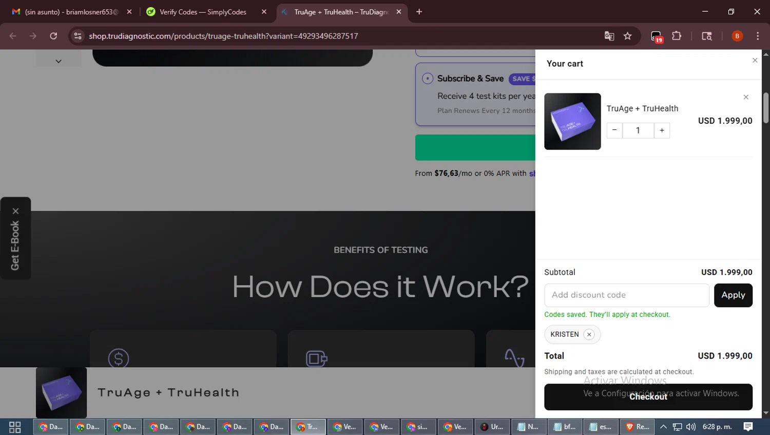 TruDiagnostic discount code screenshot showing code KRISTEN applied at TruDiagnostic checkout page. Uploaded by SimplyCodes community member DiscountExpert6435 on Nov 1, 2025