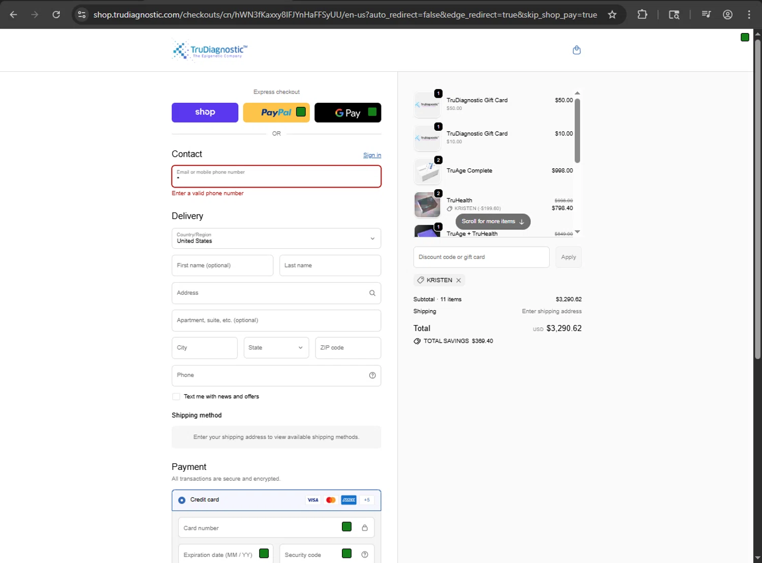 TruDiagnostic discount code screenshot showing code KRISTEN applied at TruDiagnostic checkout page. Uploaded by SimplyCodes community member fiadaz on Oct 2, 2025