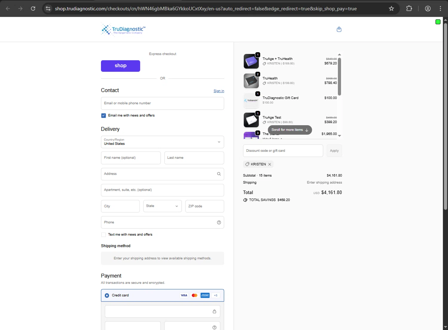 TruDiagnostic discount code screenshot showing code KRISTEN applied at TruDiagnostic checkout page. Uploaded by SimplyCodes community member kaiser2 on Oct 14, 2025