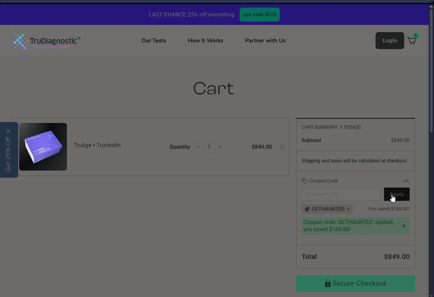TruDiagnostic discount code screenshot showing code GETHAUNTED applied at TruDiagnostic checkout page. Uploaded by SimplyCodes community member BeastMode on Nov 29, 2025