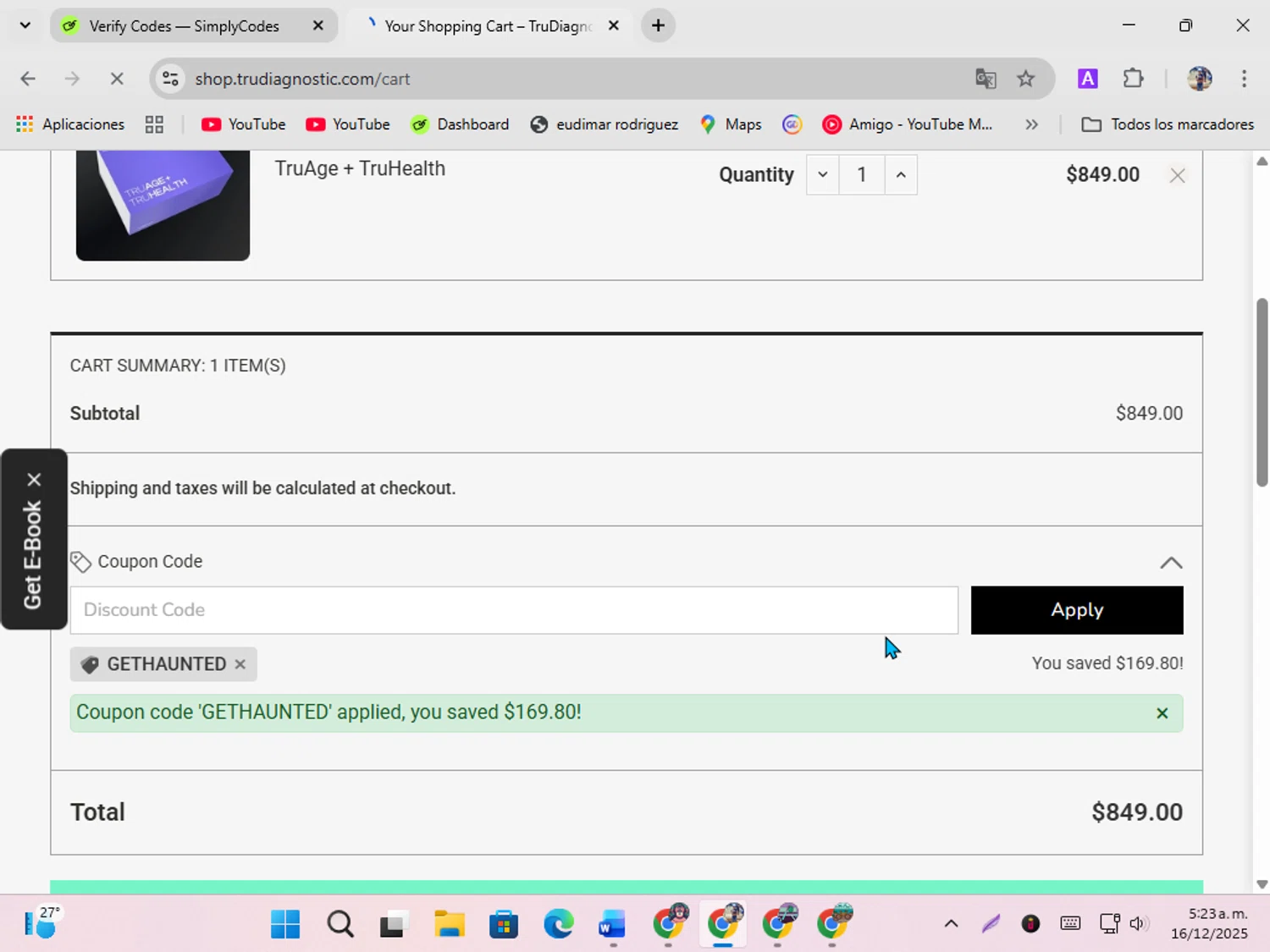 TruDiagnostic discount code screenshot showing code GETHAUNTED applied at TruDiagnostic checkout page. Uploaded by SimplyCodes community member ShrewdSeeker5445 on Dec 16, 2025