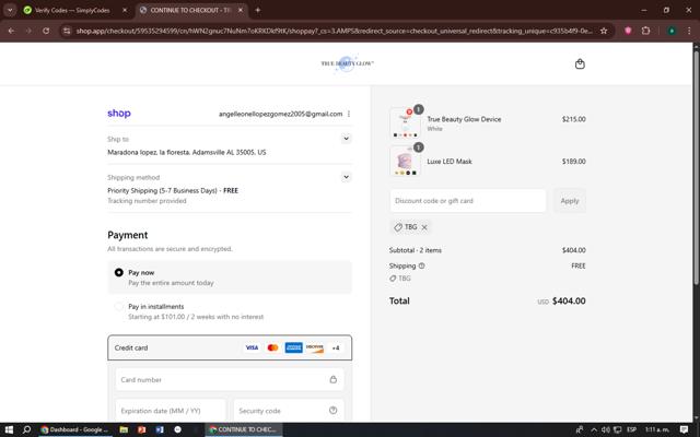 True Beauty Glow checkout page showing True Beauty Glow discount code box | Screenshot taken by SimplyCodes community member on Sep 7, 2025