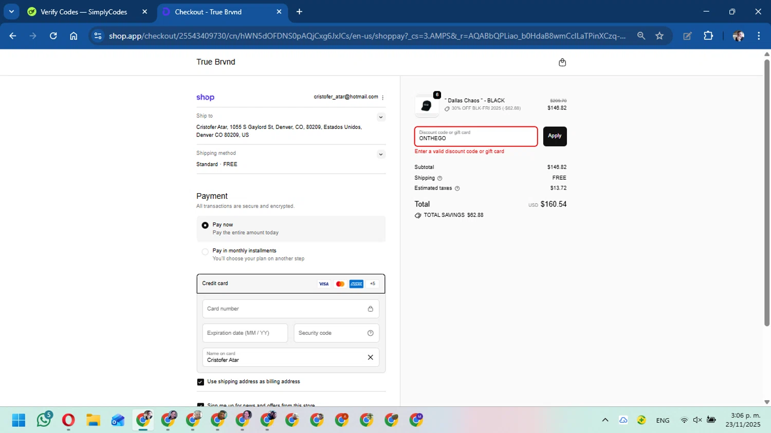 TRUE BRVND discount code screenshot showing code ONTHEGO applied at TRUE BRVND checkout page. Uploaded by SimplyCodes community member DavidMGF on Nov 23, 2025