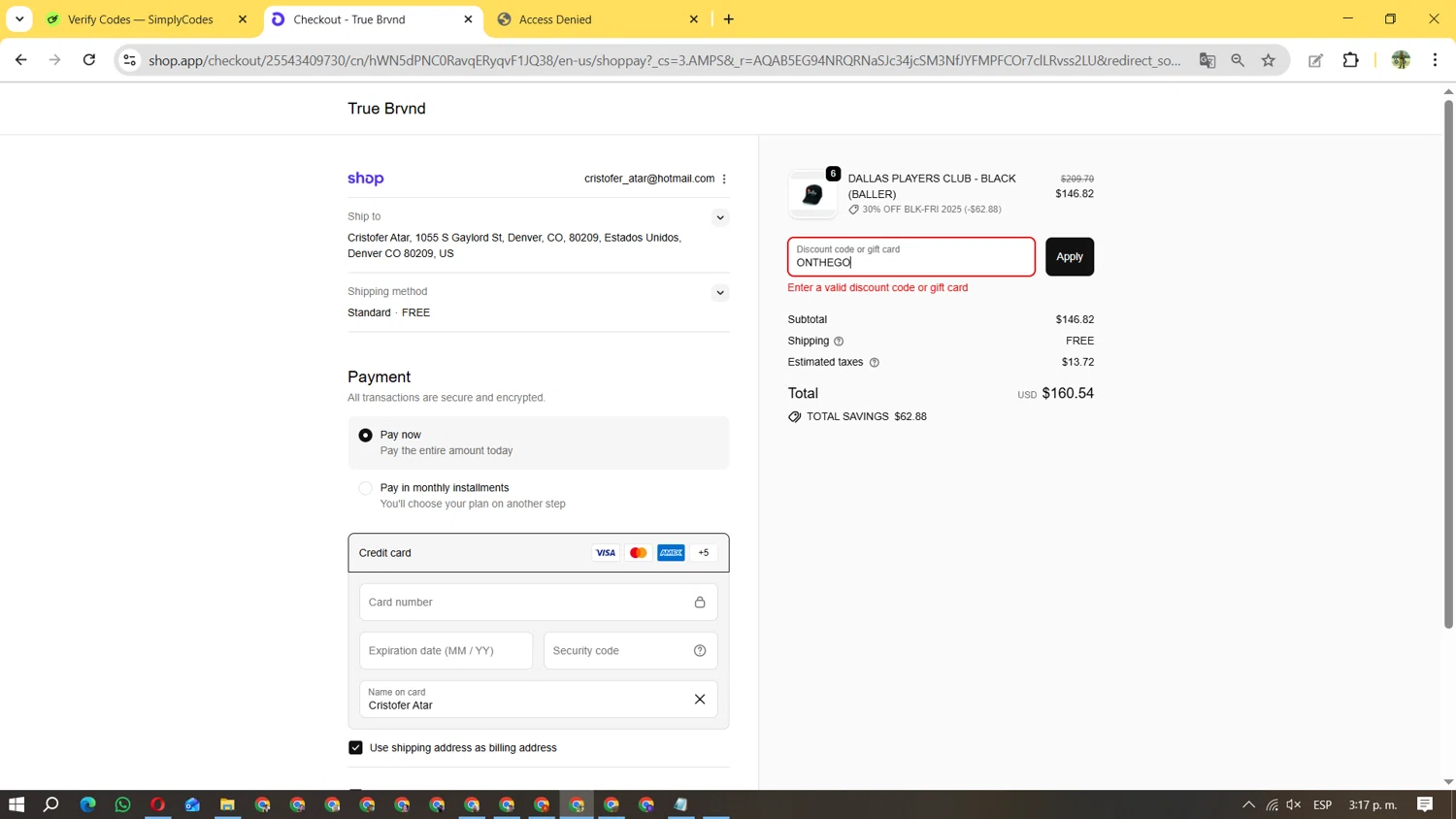 TRUE BRVND discount code screenshot showing code ONTHEGO applied at TRUE BRVND checkout page. Uploaded by SimplyCodes community member FundoSinai on Nov 23, 2025