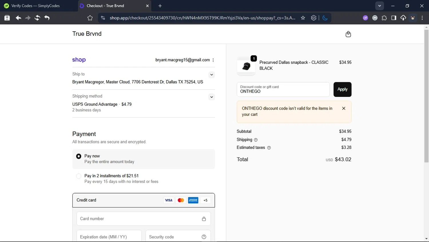TRUE BRVND checkout page showing TRUE BRVND discount code box | Screenshot taken by SimplyCodes community member on Nov 1, 2025