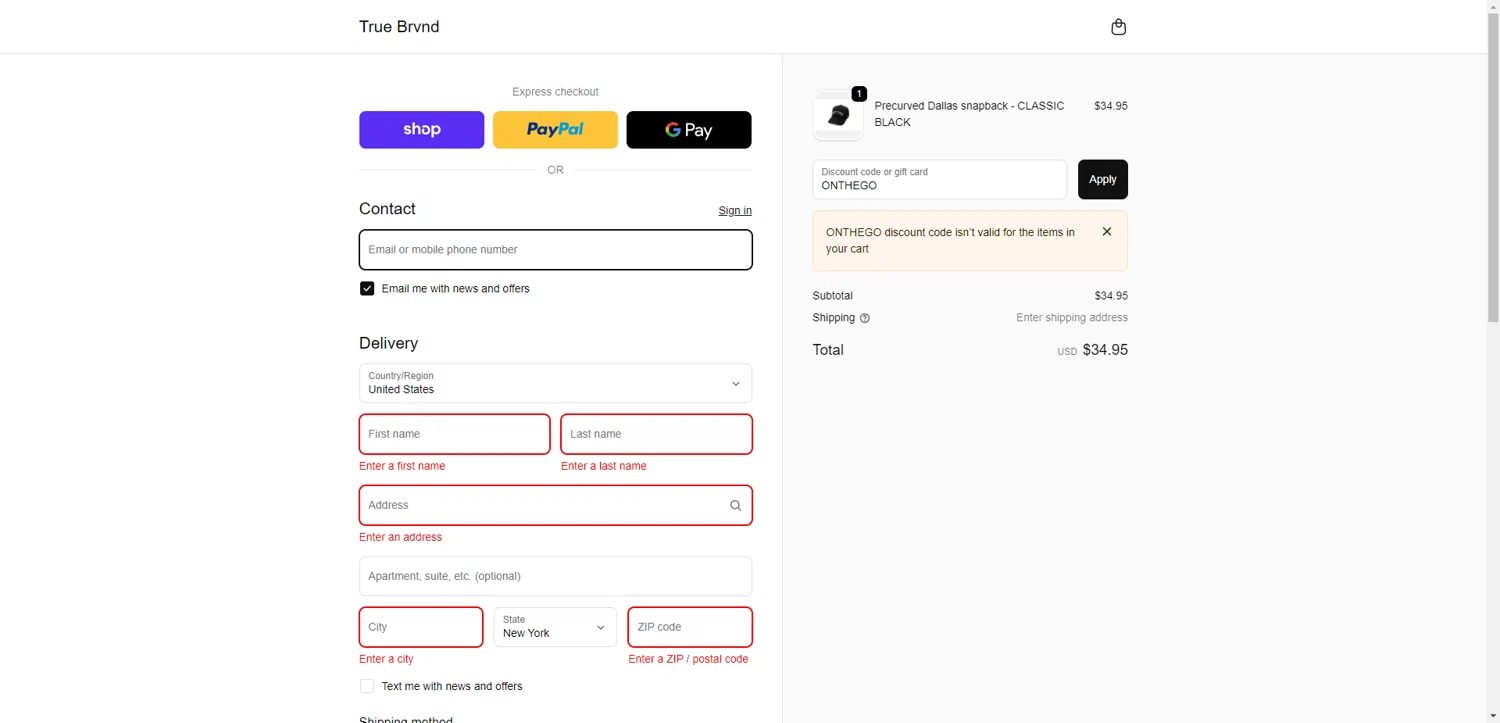 TRUE BRVND checkout page showing TRUE BRVND discount code box | Screenshot taken by SimplyCodes community member on Nov 1, 2025