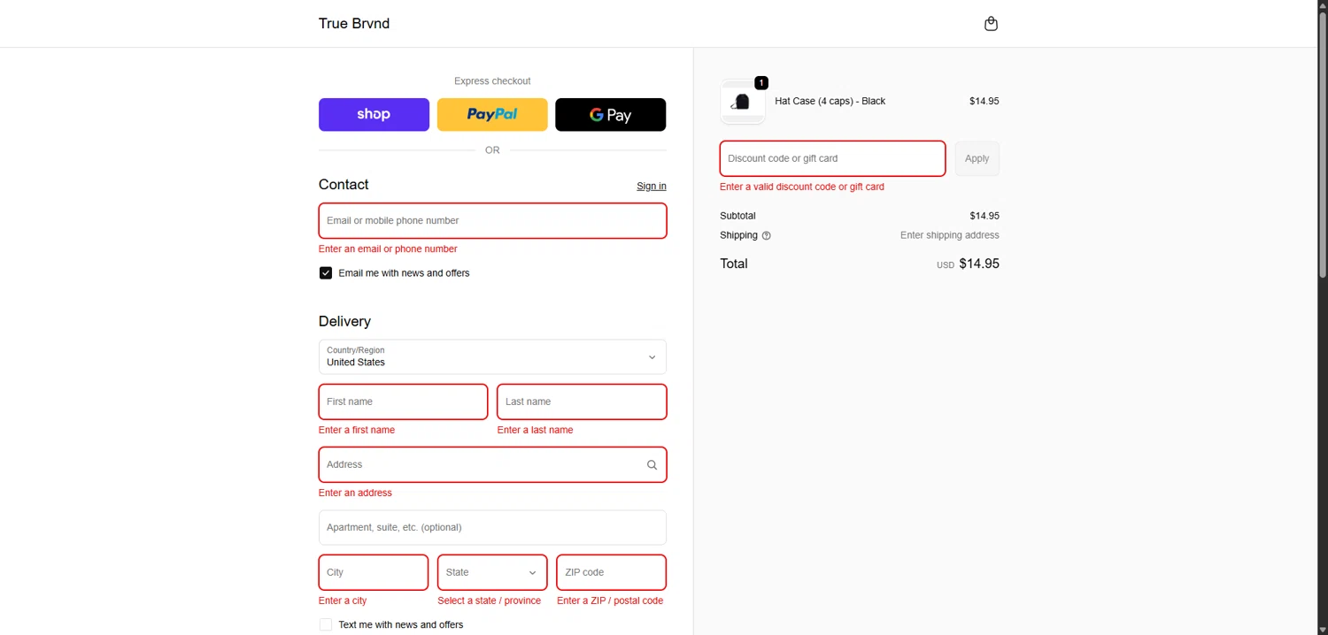 TRUE BRVND discount code screenshot showing code ONTHEGO applied at TRUE BRVND checkout page. Uploaded by SimplyCodes community member VoucherVirtuoso5207 on Nov 23, 2025