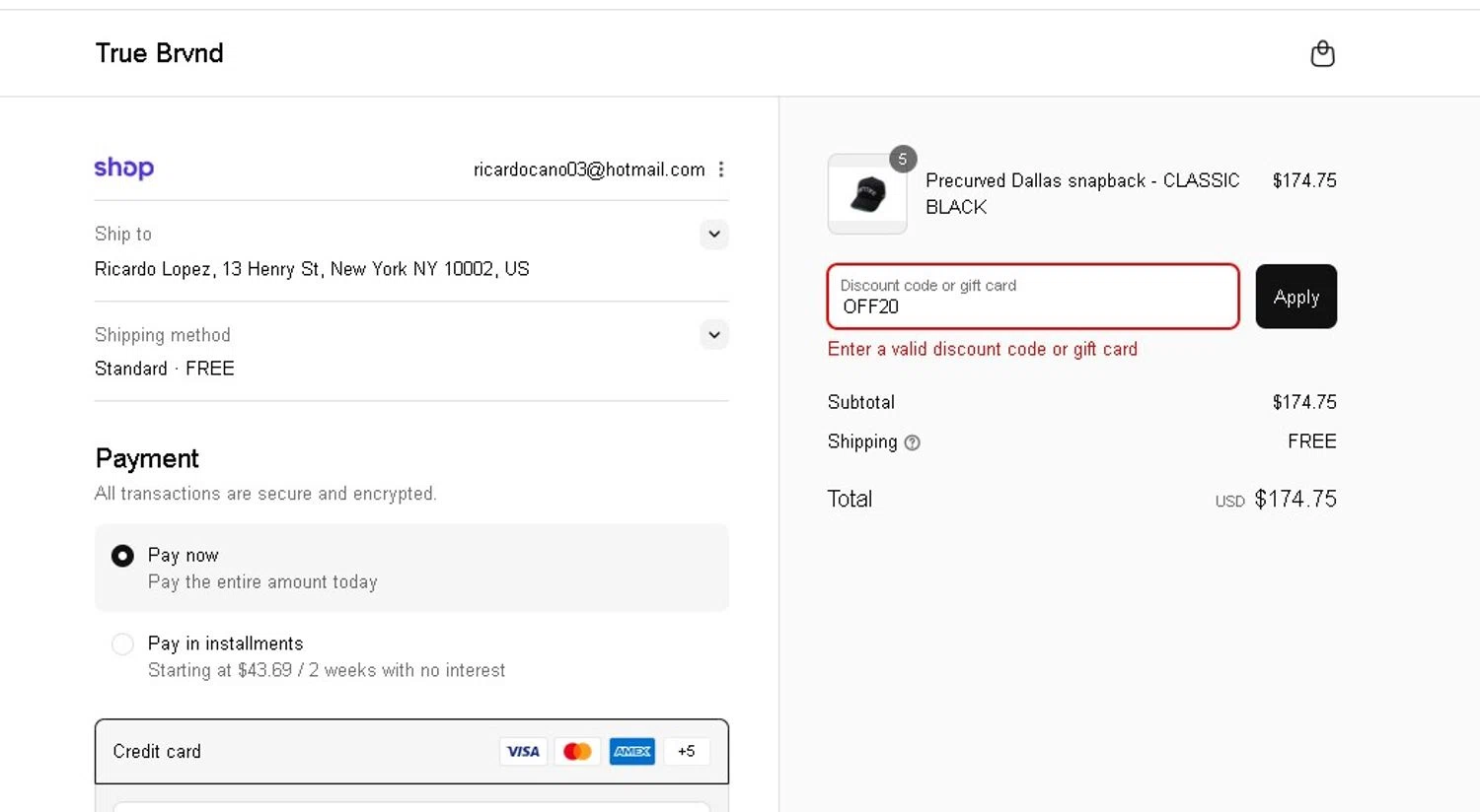 TRUE BRVND discount code screenshot showing code OFF20 applied at TRUE BRVND checkout page. Uploaded by SimplyCodes community member LAMINEJAMAL on Sep 16, 2025