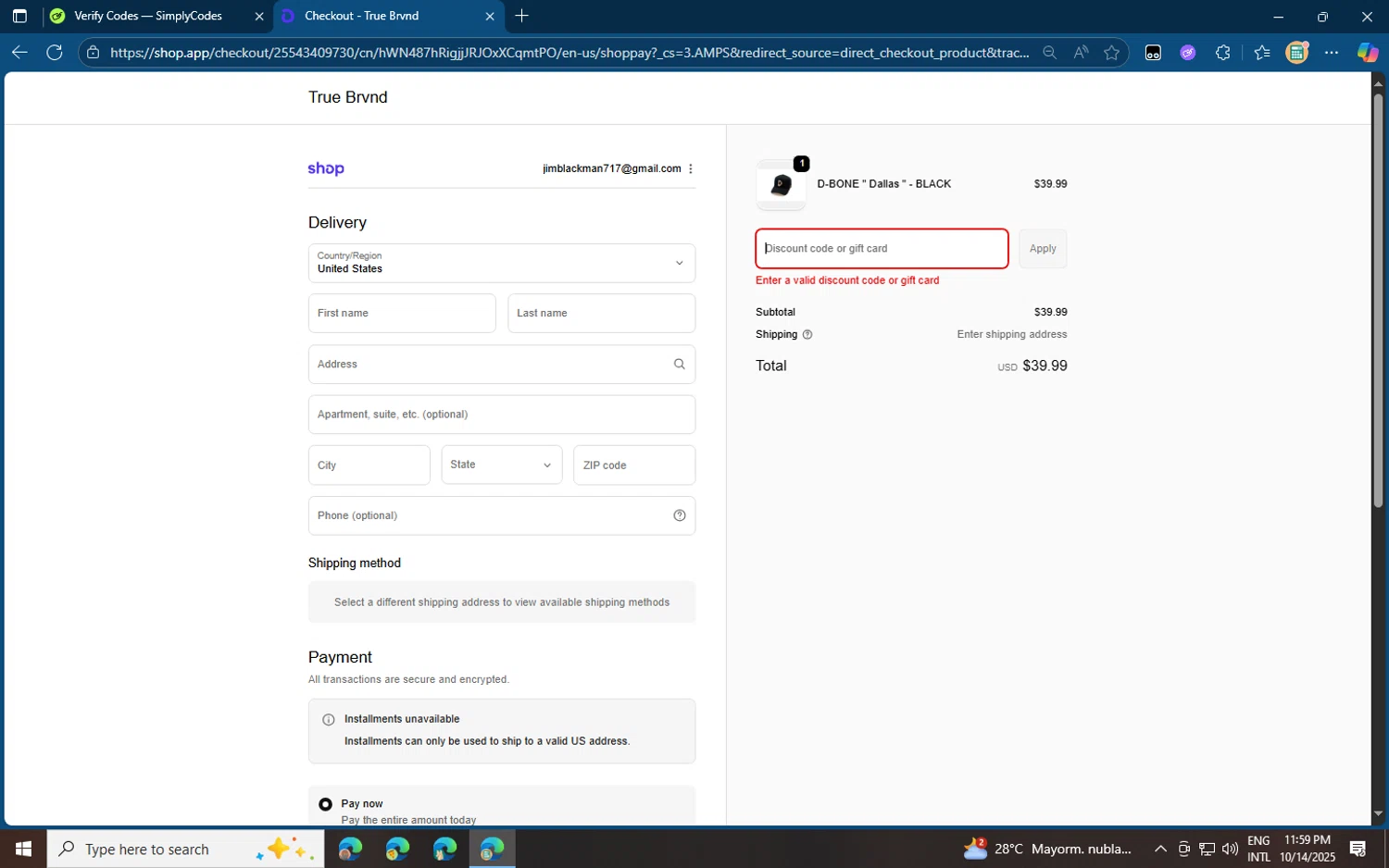 TRUE BRVND discount code screenshot showing code TEXAS15 applied at TRUE BRVND checkout page. Uploaded by SimplyCodes community member jvllsk3 on Oct 15, 2025