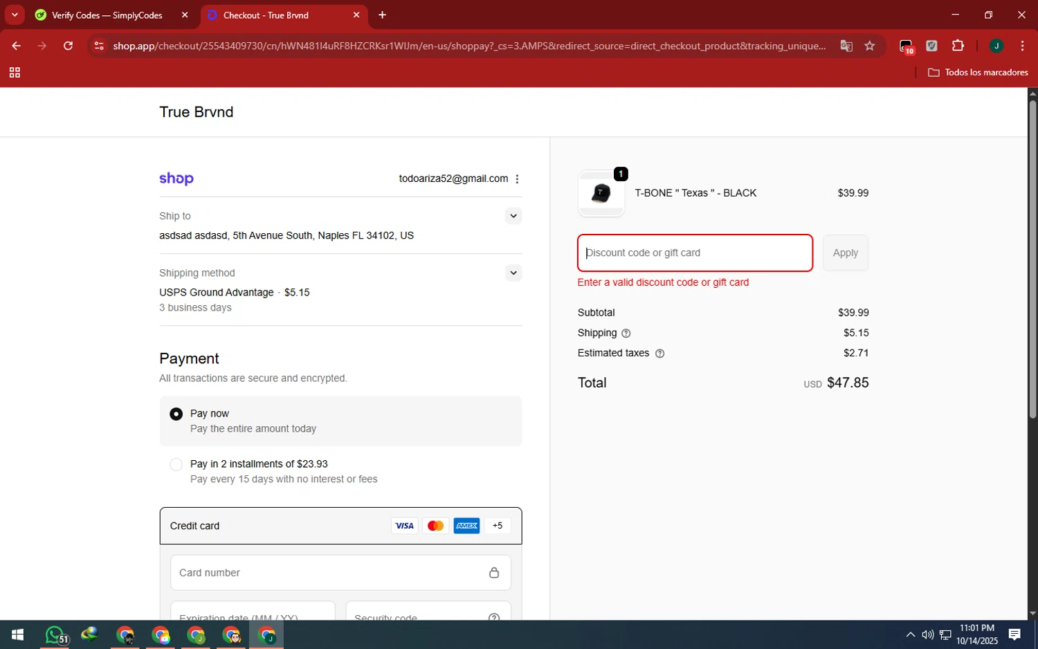 TRUE BRVND discount code screenshot showing code TEXAS15 applied at TRUE BRVND checkout page. Uploaded by SimplyCodes community member SilverAdmiral2559 on Oct 15, 2025