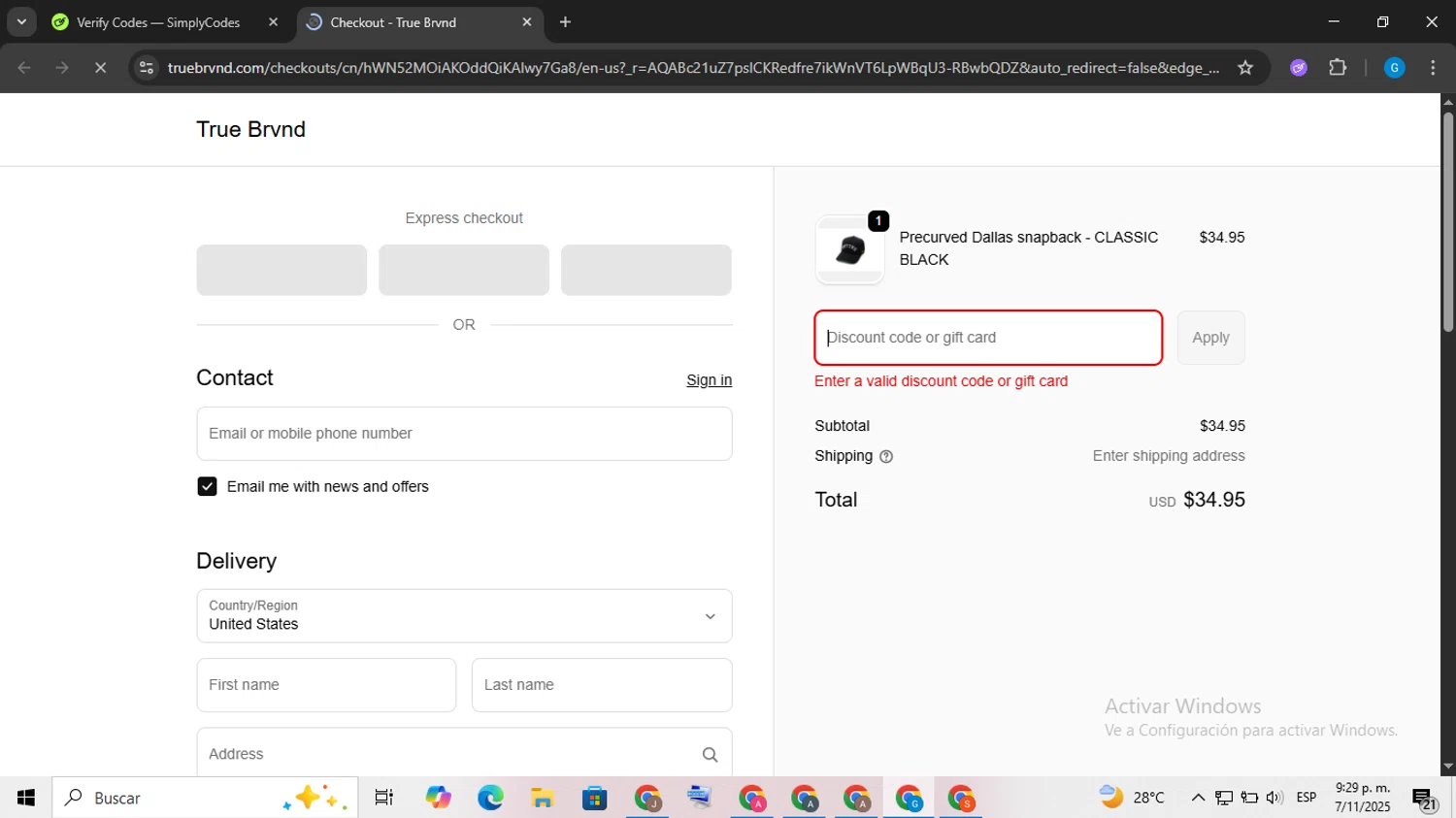 TRUE BRVND discount code screenshot showing code SPOOKY30 applied at TRUE BRVND checkout page. Uploaded by SimplyCodes community member FrugalLynx8088 on Nov 8, 2025