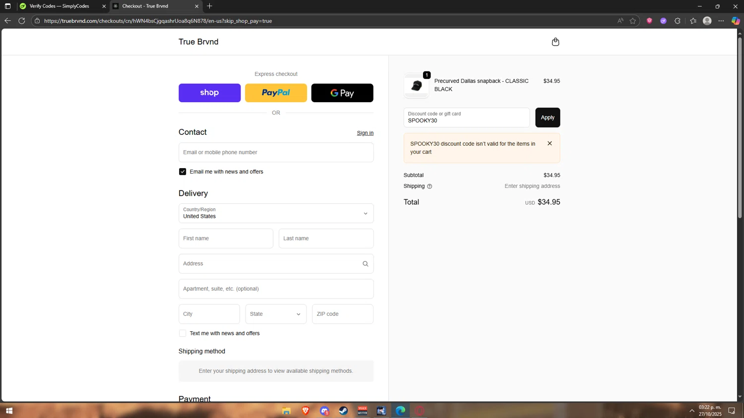 TRUE BRVND discount code screenshot showing code SPOOKY30 applied at TRUE BRVND checkout page. Uploaded by SimplyCodes community member Vipera on Oct 27, 2025