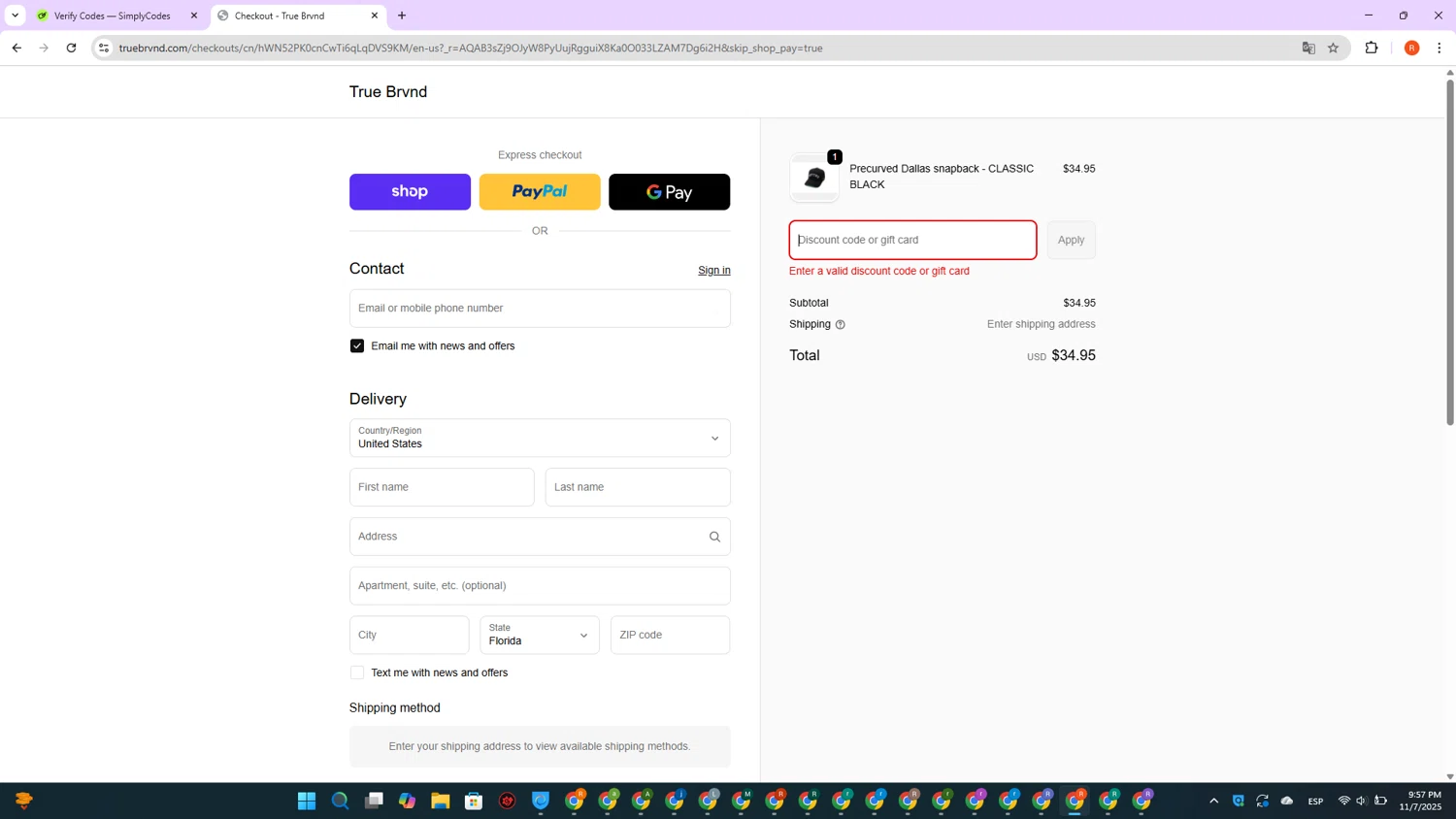 TRUE BRVND discount code screenshot showing code TAKEOVER applied at TRUE BRVND checkout page. Uploaded by SimplyCodes community member DealVirtuoso2241 on Nov 8, 2025