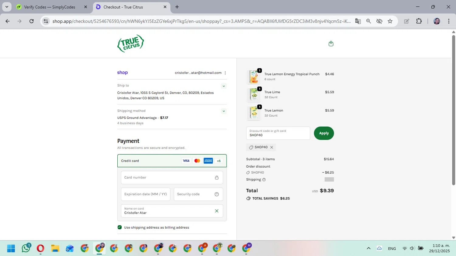 True Citrus coupon code screenshot showing code SHOP40 applied at True Citrus checkout page. Uploaded by SimplyCodes community member MarielisPb on Dec 29, 2025