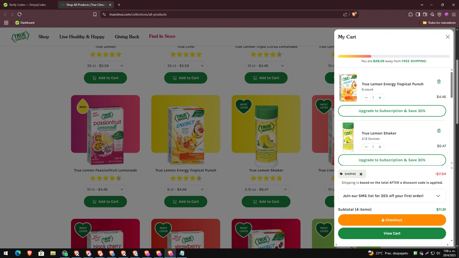 True Citrus coupon code screenshot showing code SHOP40 applied at True Citrus checkout page. Uploaded by SimplyCodes community member CodeKnight1040 on Apr 20, 2025