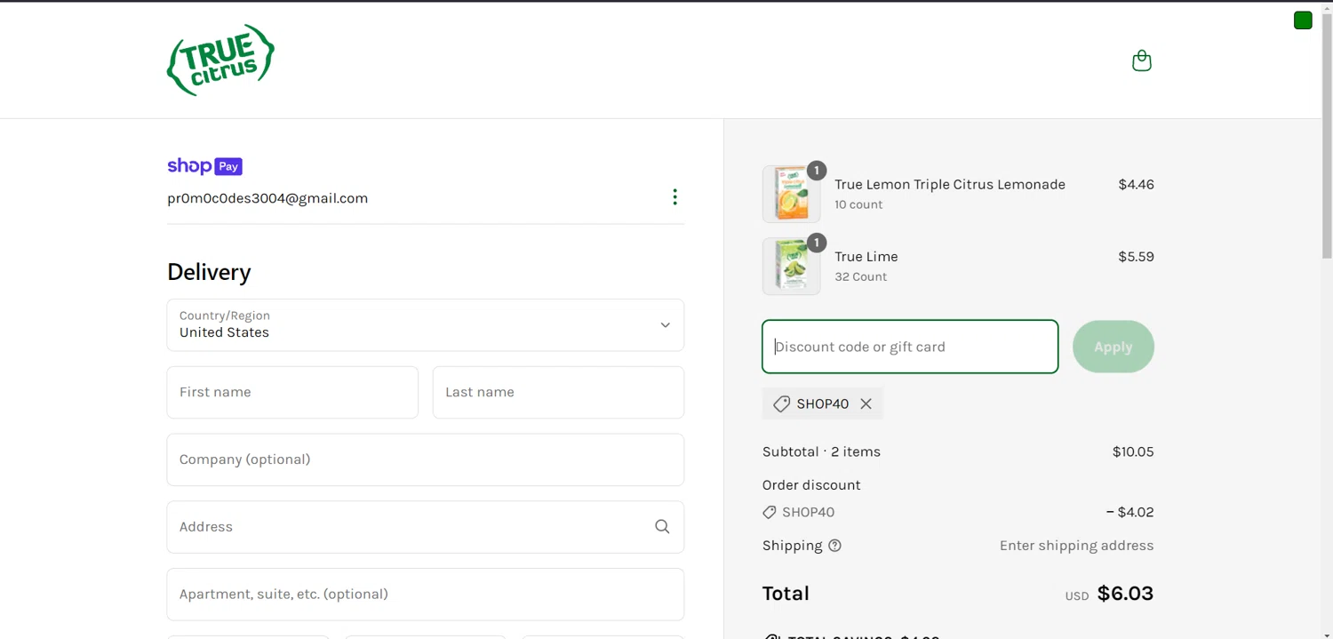 True Citrus coupon code screenshot showing code SHOP40 applied at True Citrus checkout page. Uploaded by SimplyCodes community member MRDEAL on Apr 20, 2025