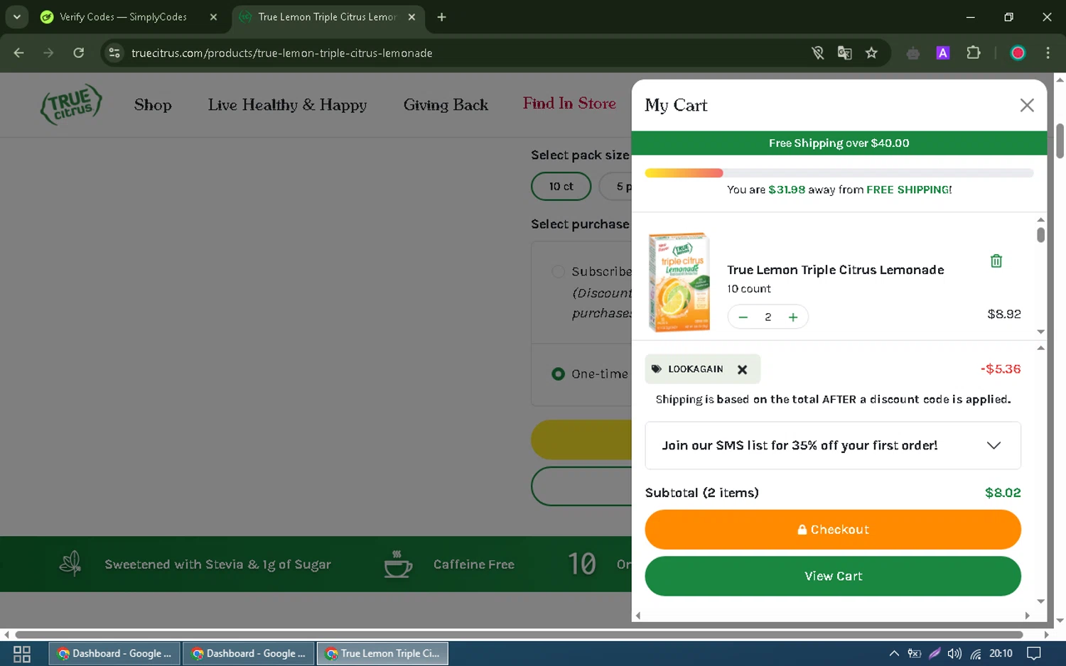 True Citrus coupon code screenshot showing code LOOKAGAIN applied at True Citrus checkout page. Uploaded by SimplyCodes community member Richard_Miller on Mar 6, 2025